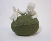 vintage bisque egg box - figural egg - duck and child, basket texture bisque egg trinket box