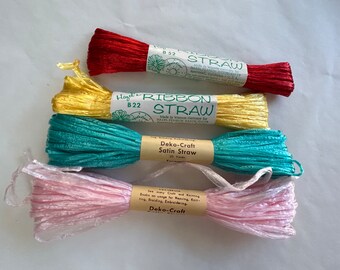 4 hanks vintage ribbon straw and satin straw - artificial raffia, straw flower supplies