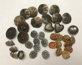 37 metal buttons -  HEART motif button assortment - 1/2 to 7/8 inches, assorted styles