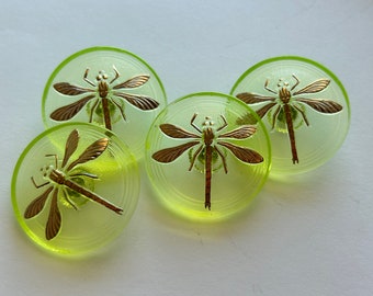 4 Czech glass DRAGONFLY buttons - 30mm focal buttons - transparent yellow with relief dragonfly - metal shank, pressed glass SC07J