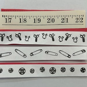 4 notions border rubber stamps - hook and eyes, snaps, safety pins, measuring tape - unmounted - 7211A