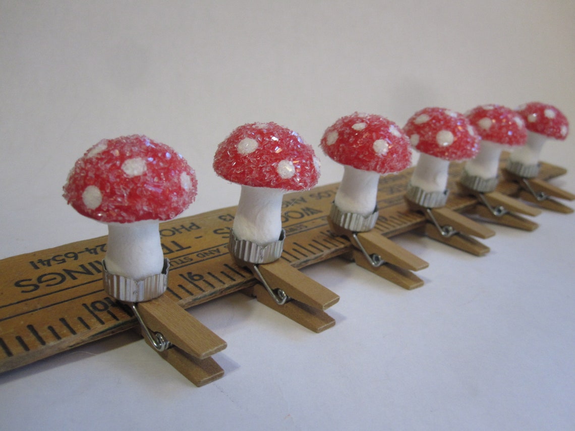 6 Handmade Clipon Mushroom Ornaments Vintage Inspired Spun Etsy