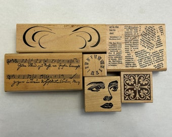 6 rubber stamps - collage stamps - face, roman numeral clock face, text, music, tile and more - used stamps - SC03 D04