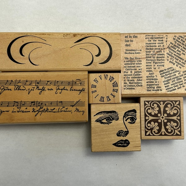 6 rubber stamps - collage stamps - face, roman numeral clock face, text, music, tile and more - used stamps - SC03 D04