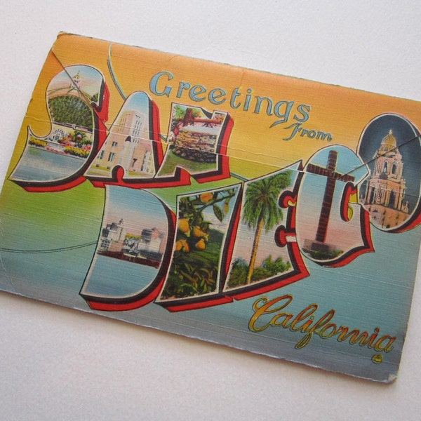 antique SAN DIEGO souvenir postcard folder - circa 1940s - big letter, linen - pc138