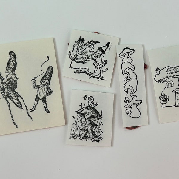 5 rubber stamps - mushrooms, toadstools, elves, pixies, imps, bird, toadstool house - used unmounted stamps - UML418G