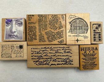 7 rubber stamps - collage stamps - face stamp, text stamp, domino stamp, handwriting stamp - used stamps - SC03 D01