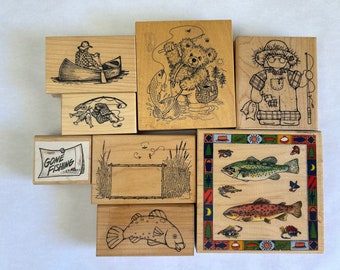 8 rubber stamps - FISHING themed stamps - used stamps SC03 D16