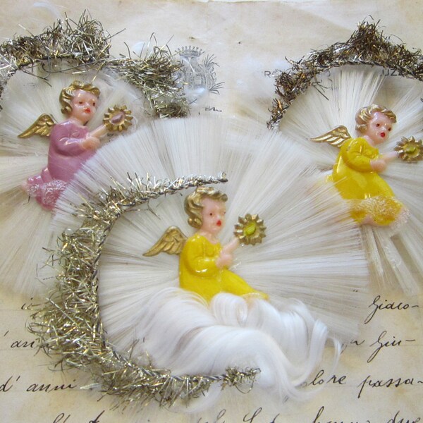 3 vintage spun glass and tinsel angel ornaments - angel on a cloud, vintage tinsel, plastic angels