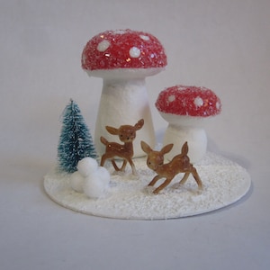 handmade holiday diorama decoration - spun cotton mushrooms, miniature deer, bottlebrush tree - RED cap spun cotton mushrooms