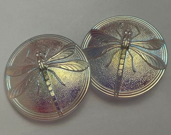 2 Czech glass DRAGONFLY buttons - 40mm focal buttons - iridescent on clear glass, metal shank, pressed glass, relief dragonfly - as is SC07