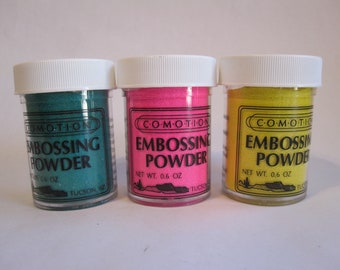 3 jars embossing powder - green, hot pink, yellow - COMOTION embossing powders - .6 oz jars - SC03