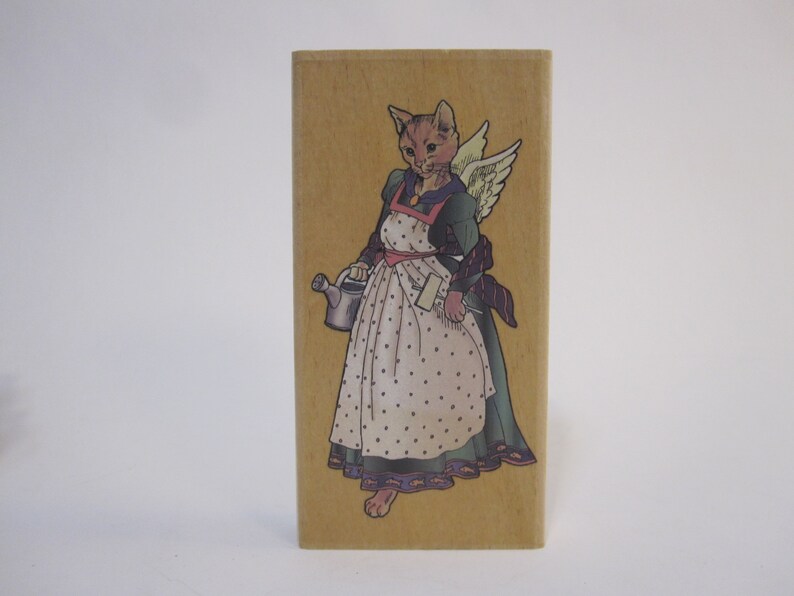 Joanne West 1999 vintage rubber stamp CAT gardening angel Personal Stamp Exchange K7007 dhrs