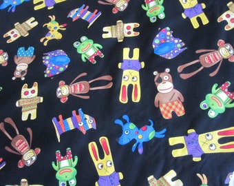 3 yards fabric - stuffed toys on black background - softie toys fabric - Timeless Treasures KIDZ-C 4449 - all cotton, quilting weight