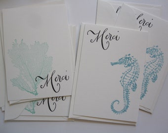 24 cards - seahorse and sea fan MERCI cards with envelopes - flat cards, hand stamped, sea life thank you cards