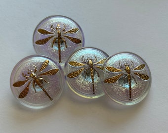 4 Czech glass DRAGONFLY buttons - 30mm focal buttons - pearly AB finish with relief dragonfly - metal shank, pressed glass SC07K