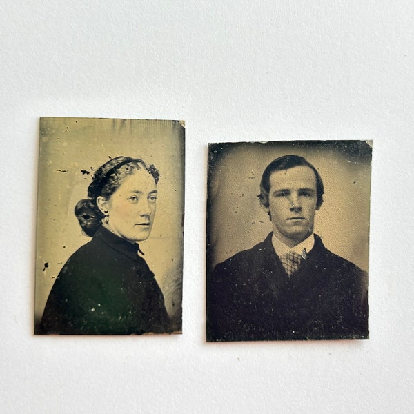 2 antique miniature GEM tintype photos - man and woman - GTG52