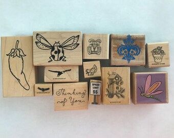 12 rubber stamps - dragonfly, ladybug, flourish, eagle, bird, chicken, chile, birdhouse, bunny, flowers assortment - used stamps