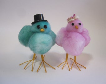 2 handmade pom pom chicks - AQUA and PINK pom chicks with wired legs