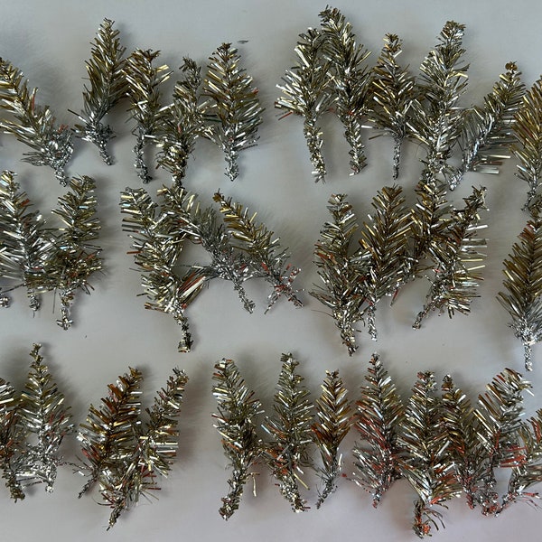 36 tinsel branches - wired tinsel branches - approx 4 inches - salvaged silver tinsel branches for corsages, holiday packaging and more