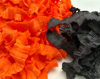 ruffled crepe paper - black or orange - YOUR CHOICE length - festooning for rosettes, decoration, and more, ruffled crepe streamer