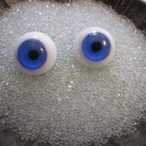 vintage glass doll eyes - solid glass eyes - 14mm with blue irises - glass eyes on wire