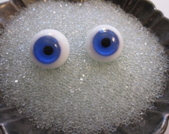 vintage glass doll eyes - solid glass eyes - 14mm with blue irises - glass eyes on wire