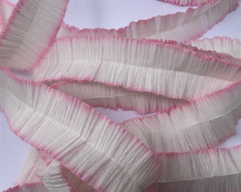 ruffled crepe paper - white with pale pink tint - YOUR CHOICE length - festooning for rosettes, decoration, and more, ruffled crepe streamer