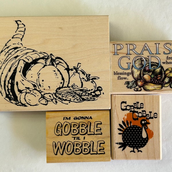 4 rubber stamps - cornucopia, gobble gobble turkey, Thanksgiving, Praise God, gobble til I wobble - used stamps PH10 D13