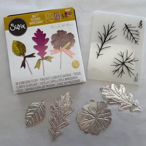 May include: A Sizzix die and embossing folder set featuring a packaging box with leaf illustrations, a clear plastic embossing folder with black leaf patterns, and four silver-colored metal die-cut leaf shapes arranged on a flat surface.