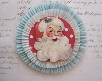 handmade holiday crepe rosette - SANTA CLAUS - pale aqua and blue crepe - 4 inches - crepe rosette corsage, crepe ornament, package topper