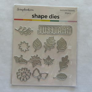 May include: A package of silver-colored shape dies for scrapbooking. The dies are in the shape of autumn leaves and flowers, with the word "GRATEFUL" in a die-cut font. The package is labeled "autumn leaves 14 pcs".