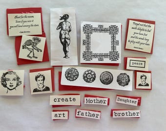 16 rubber stamps - art stamps, patterns, frame, medallions, skeleton, faces, words - unmounted rubber - FF12