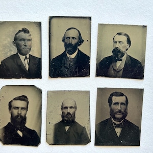 6 antique miniature GEM tintype photos - men with facial hair, beards, mustaches - GTG61