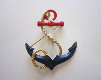 vintage ANCHOR brooch - nautical brooch - red white and blue - anchor pin