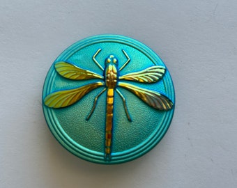 Czech glass DRAGONFLY button - 40mm focal button - blue-green relief metallic dragonfly - metal shank, pressed glass - SC07Q