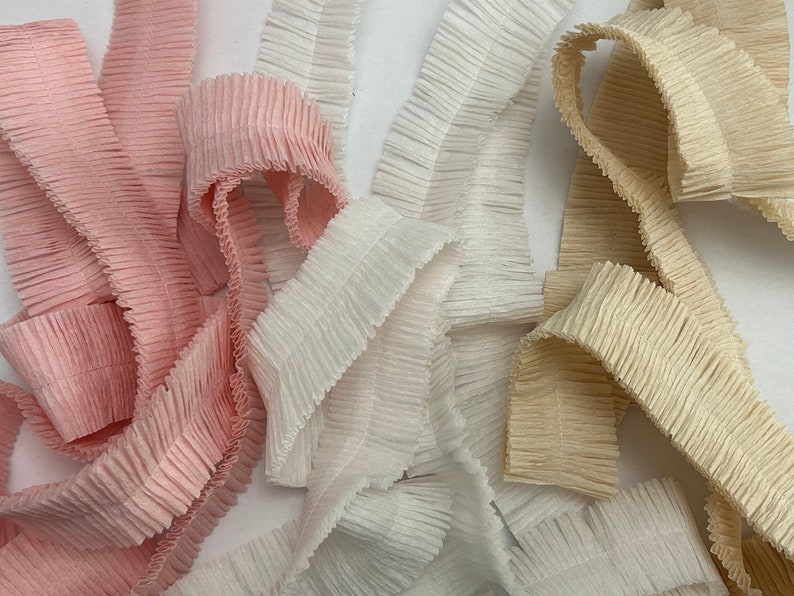 ruffled crepe paper your choice color and length white, pink, or cream festooning for rosettes and more, ruffled crepe image 1