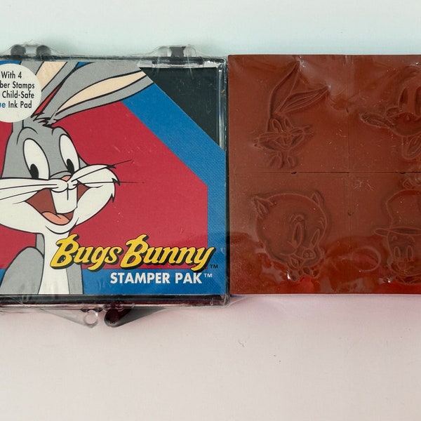 rubber stamp set - Bugs Bunny Stamper Pak - 4 stamps, Bugs, Porky Pig, Elmer Fudd, Daffy Duck - stamps on foam blocks, 1991 - SC03 D01