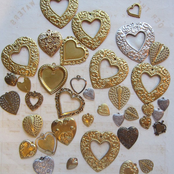 SALE - 37 charms and metal stampings - HEARTS - intant collection, assorted styles