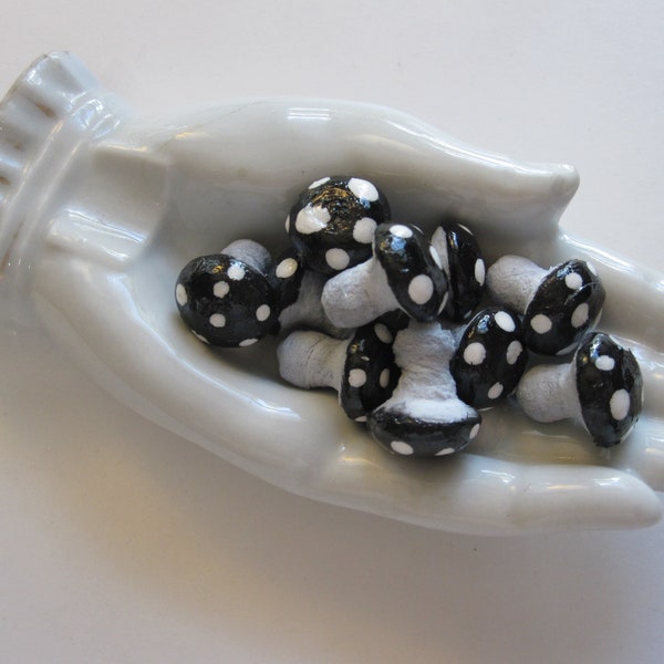 12 miniature spun cotton HALLOWEEN mushrooms - 1/2 inch black spotted toadstools, polka dot caps, spotted mushrooms, hand painted