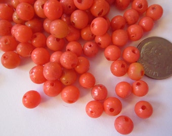 50 rare vintage hollow glass pearls - 5mm round blown glass hollow pearls - orange coral color glass pearls - blown glass beads