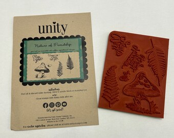 rubber stamp set - Nature of Friendship - mushroom, toadstool, ferns, sentiments - Unity Stamp Company, unmounted cling stamps