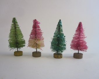 4 winter wonderland glittered trees - 2.5 inches - pink, aqua, and green hand dyed, glittered, sisal, bottle brush trees