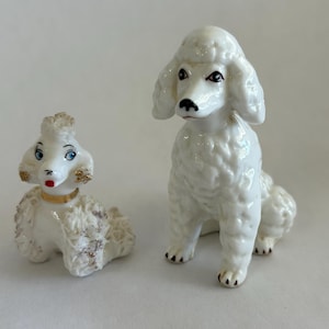 2 vintage dog figurine - white poodle ceramic dog figures - approx 2" and 3" tall - D26