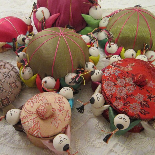 vintage pin cushions, button boxes - instant collection - asian motif, sewing kit