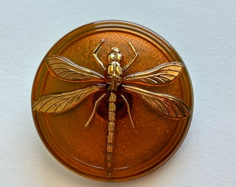 Czech glass DRAGONFLY button - 40mm focal button - iridescent copper with relief metallic dragonfly - metal shank, pressed glass - SC07U