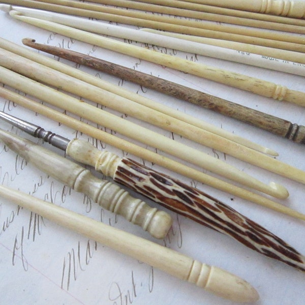 SALE - 18 vintage crochet hooks and stilettos, tools - bone, celluloid - assorted styles and sizes
