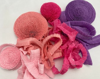 ruffled crepe paper - your choice color and length - shades of pink or lilac - festooning for rosettes and more, ruffled crepe