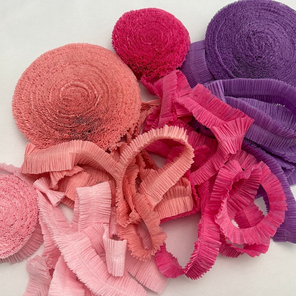 ruffled crepe paper - your choice color and length - shades of pink or lilac - festooning for rosettes and more, ruffled crepe