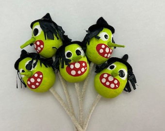 5 handmade Halloween picks - spun cotton WITCH heads - spun cotton, chenille stems, Halloween picks, corsage supply